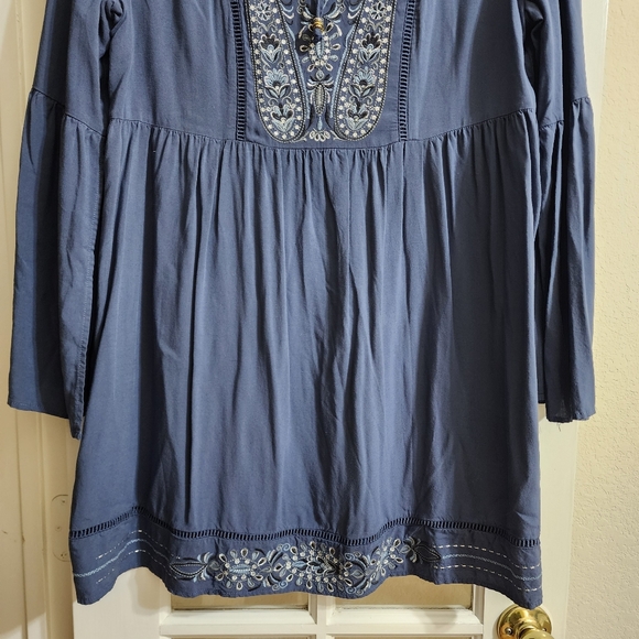 Knox Rose Blue Embroidered Boho Tunic Dress XL Bell Sleeve Peasant Mini - Picture 6 of 13
